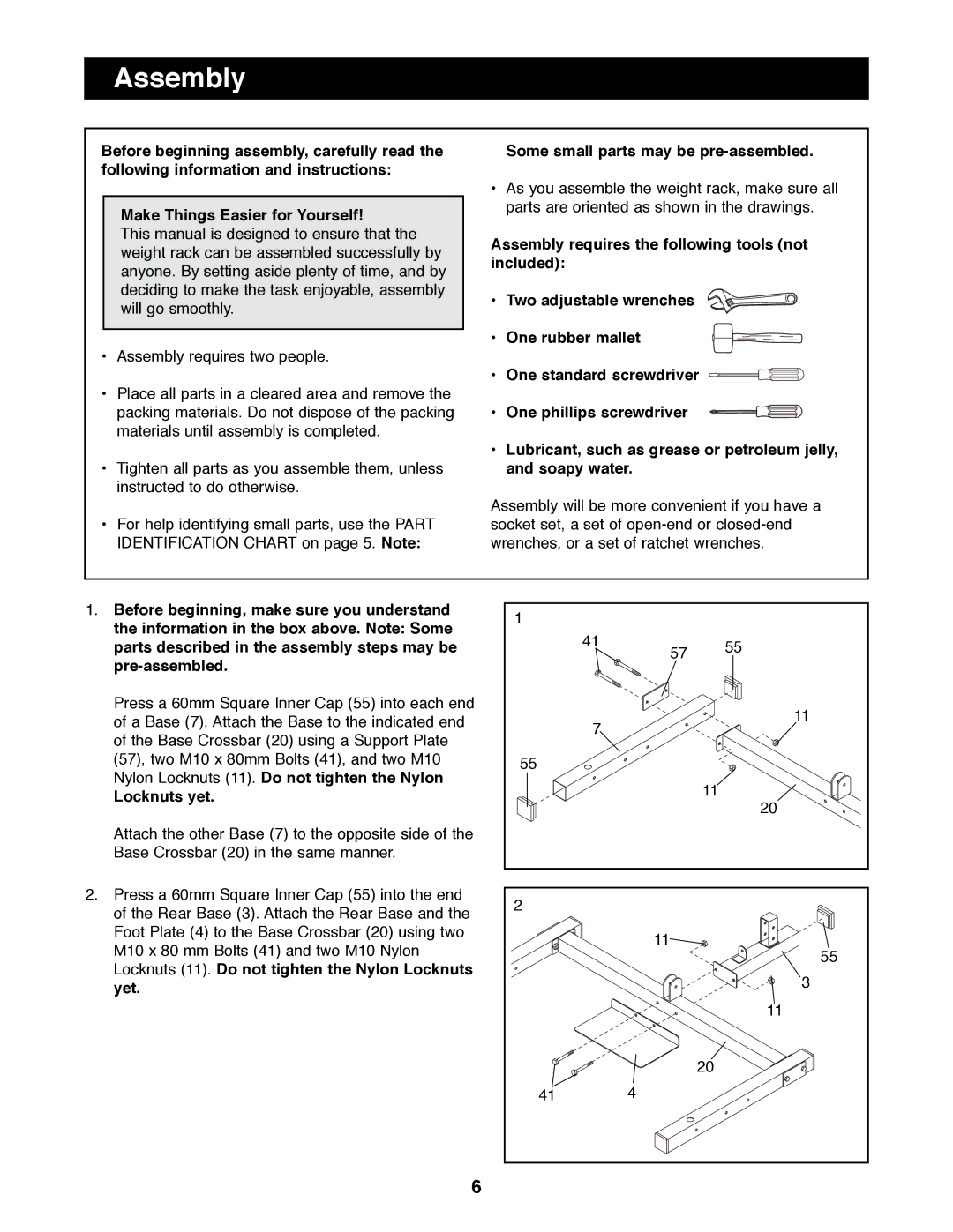 Weider WEBE19300 manual Assembly, Some small parts may be pre-assembled, Locknuts yet 