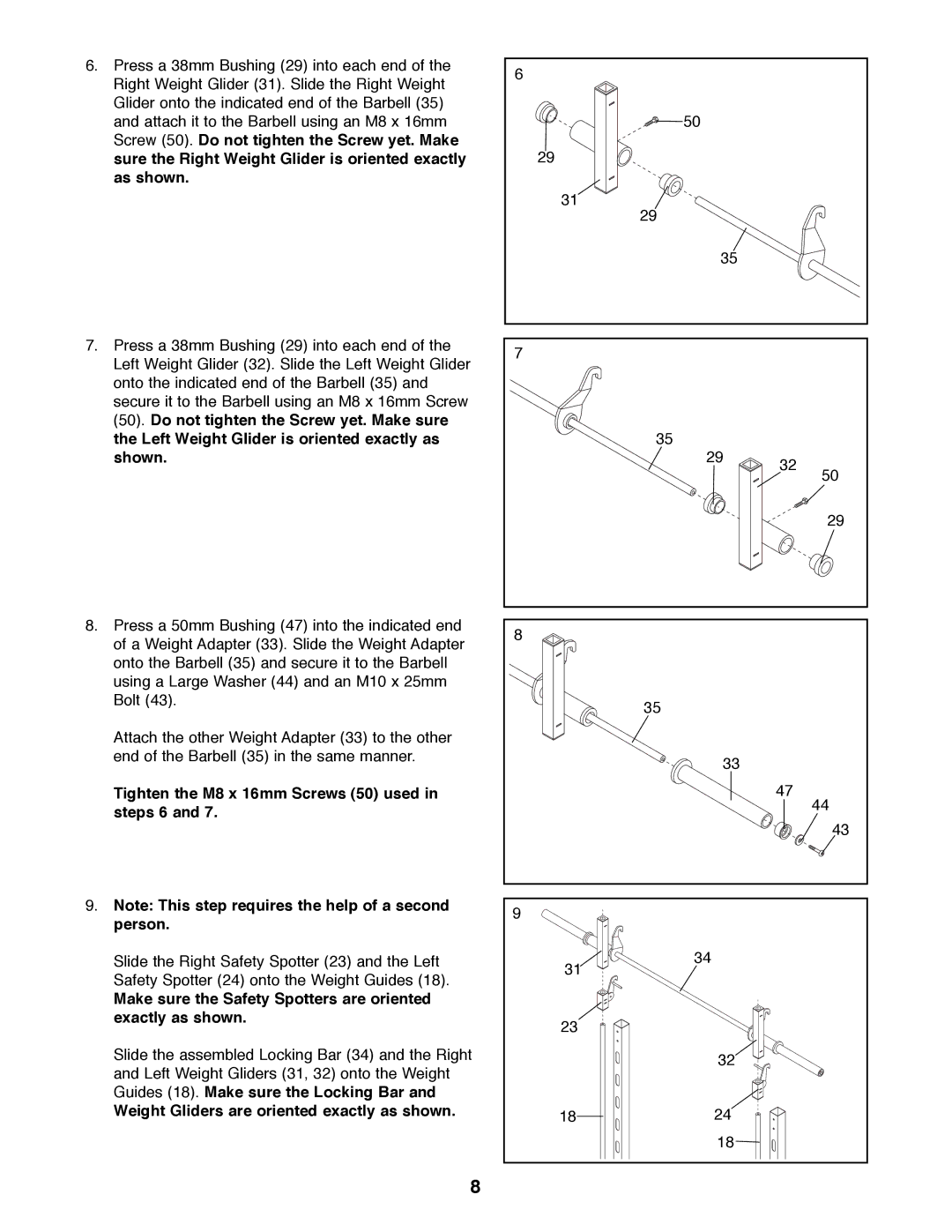 Weider WEBE19300 manual Tighten the M8 x 16mm Screws 50 used in steps 6, Weight Gliders are oriented exactly as shown 