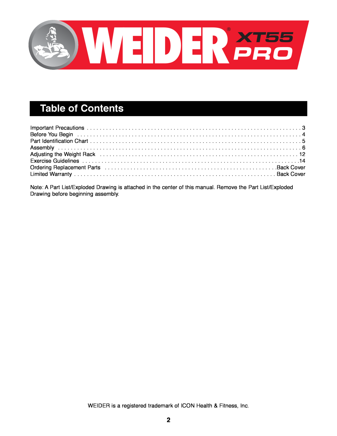Weider WEBE19300 manual Table of Contents 