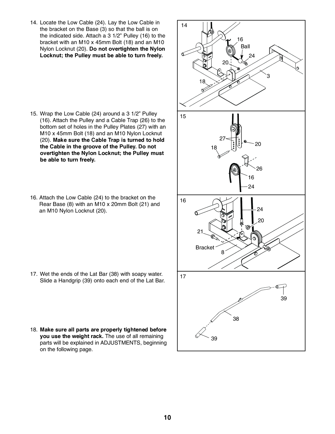 Weider WEBE19510 user manual Locknut the Pulley must be able to turn freely 