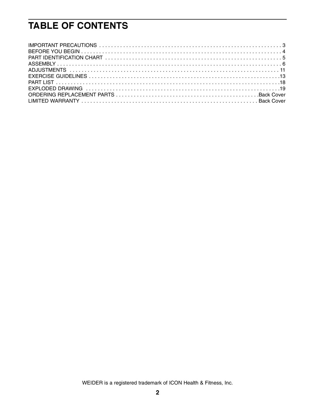 Weider WEBE19510 user manual Table of Contents 