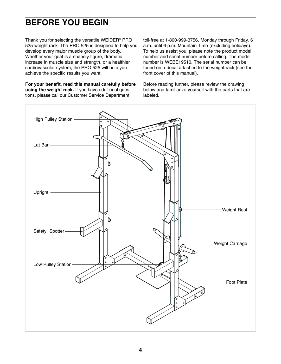 Weider WEBE19510 user manual Before YOU Begin 