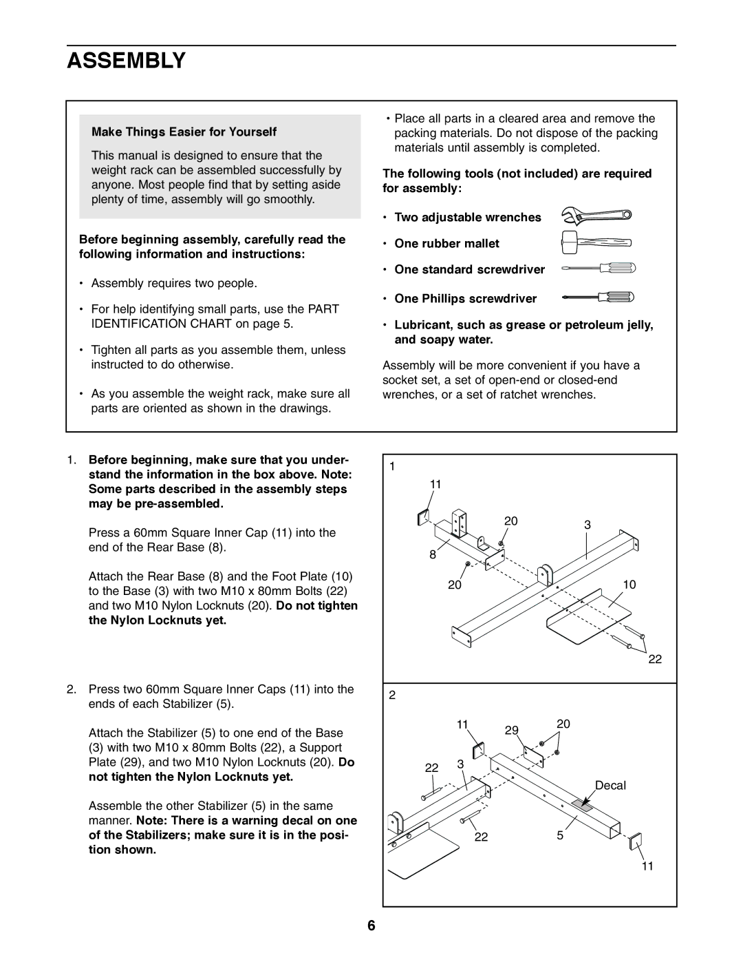 Weider WEBE19510 user manual Assembly, Make Things Easier for Yourself 