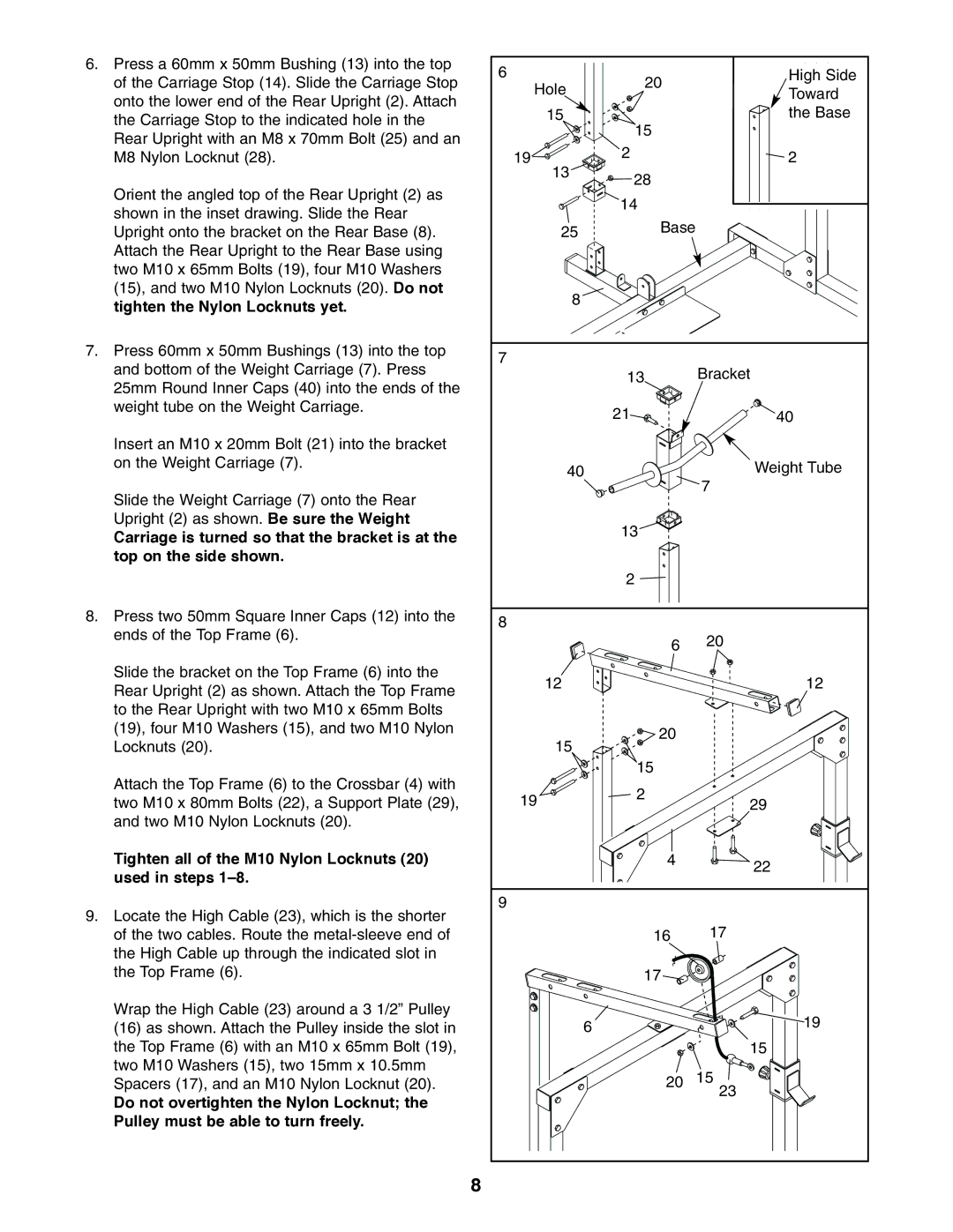 Weider WEBE19510 user manual Tighten all of the M10 Nylon Locknuts 20 used in steps 