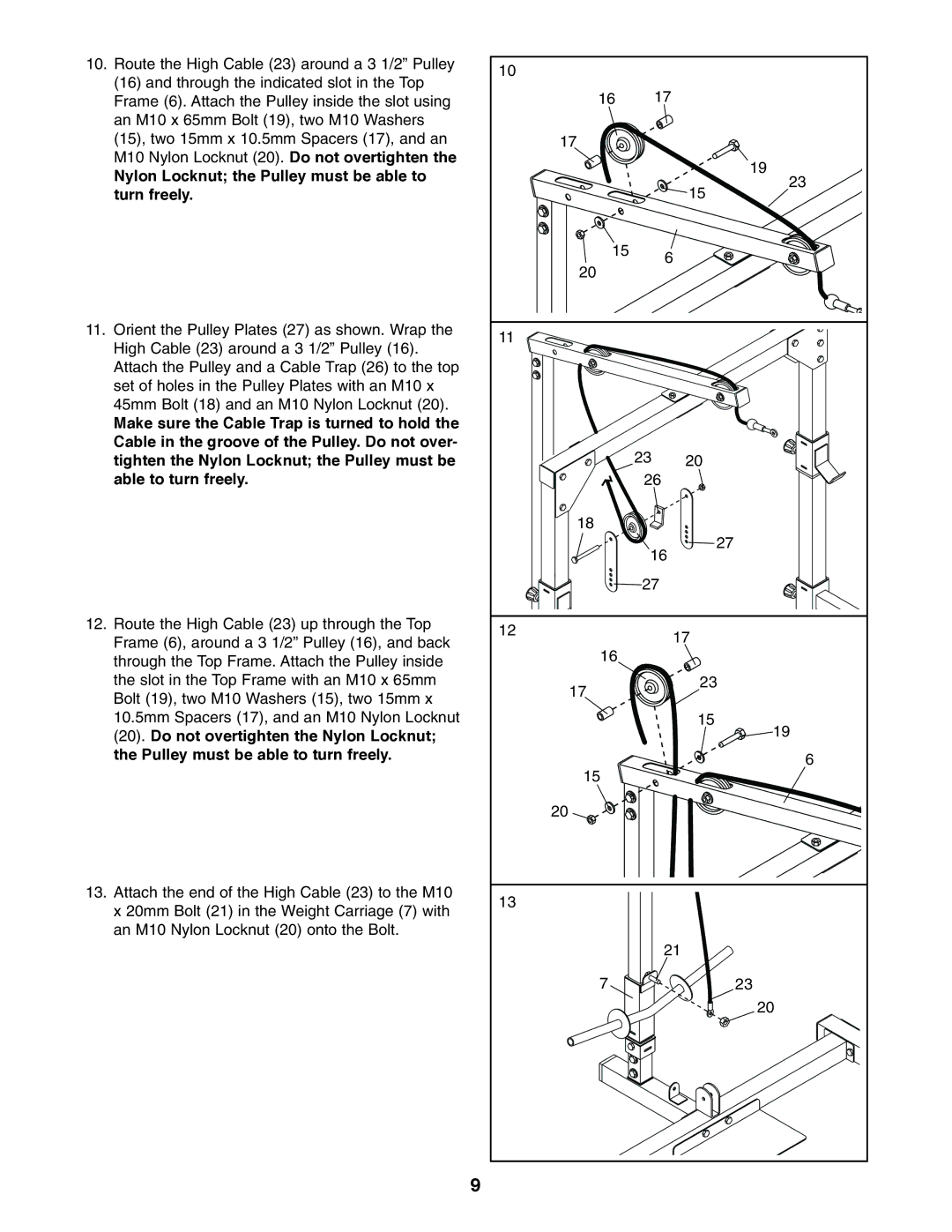 Weider WEBE19510 user manual Nylon Locknut the Pulley must be able to turn freely 