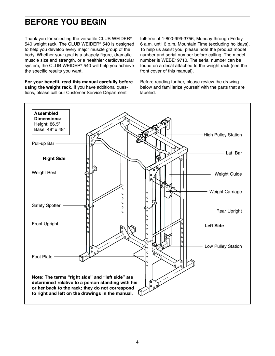 Weider WEBE19710 user manual Before YOU Begin, Assembled Dimensions, Right Side, Left Side 