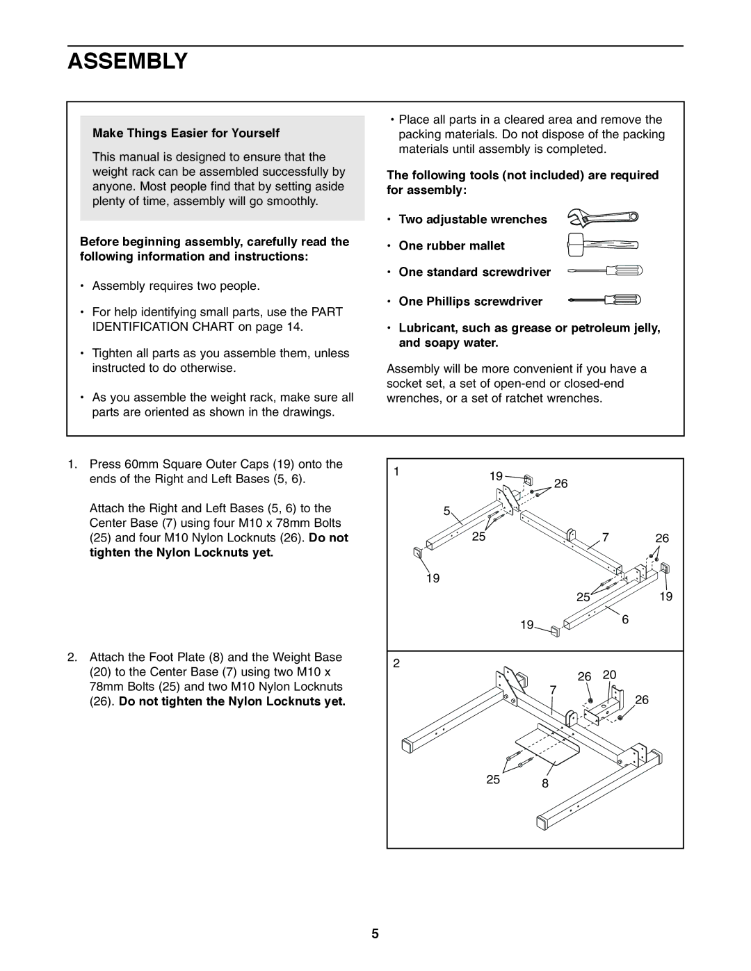 Weider WEBE19710 user manual Assembly, Make Things Easier for Yourself, Do not tighten the Nylon Locknuts yet 