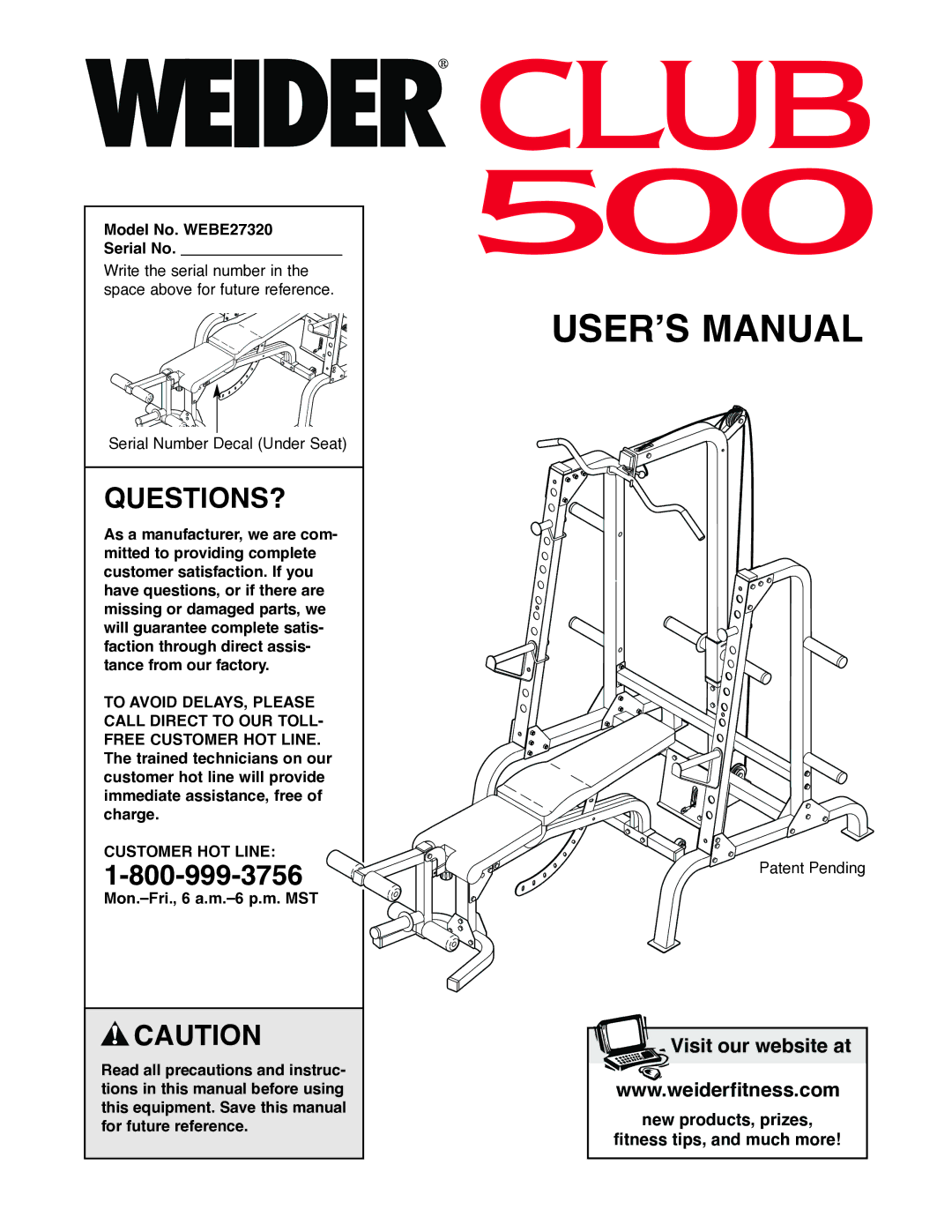 Weider user manual Questions?, Model No. WEBE27320 Serial No, Customer HOT Line 