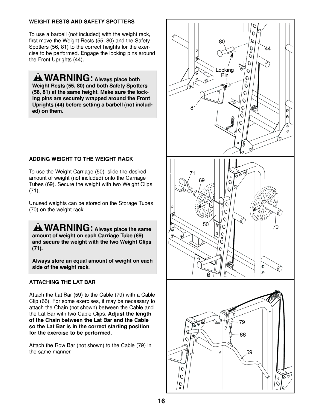 Weider WEBE27320 user manual Weight Rests and Safety Spotters, Adding Weight to the Weight Rack, Attaching the LAT BAR 