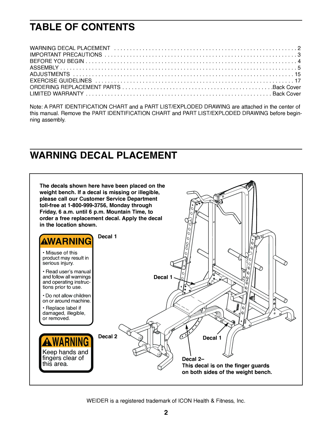 Weider WEBE27320 user manual Table of Contents 