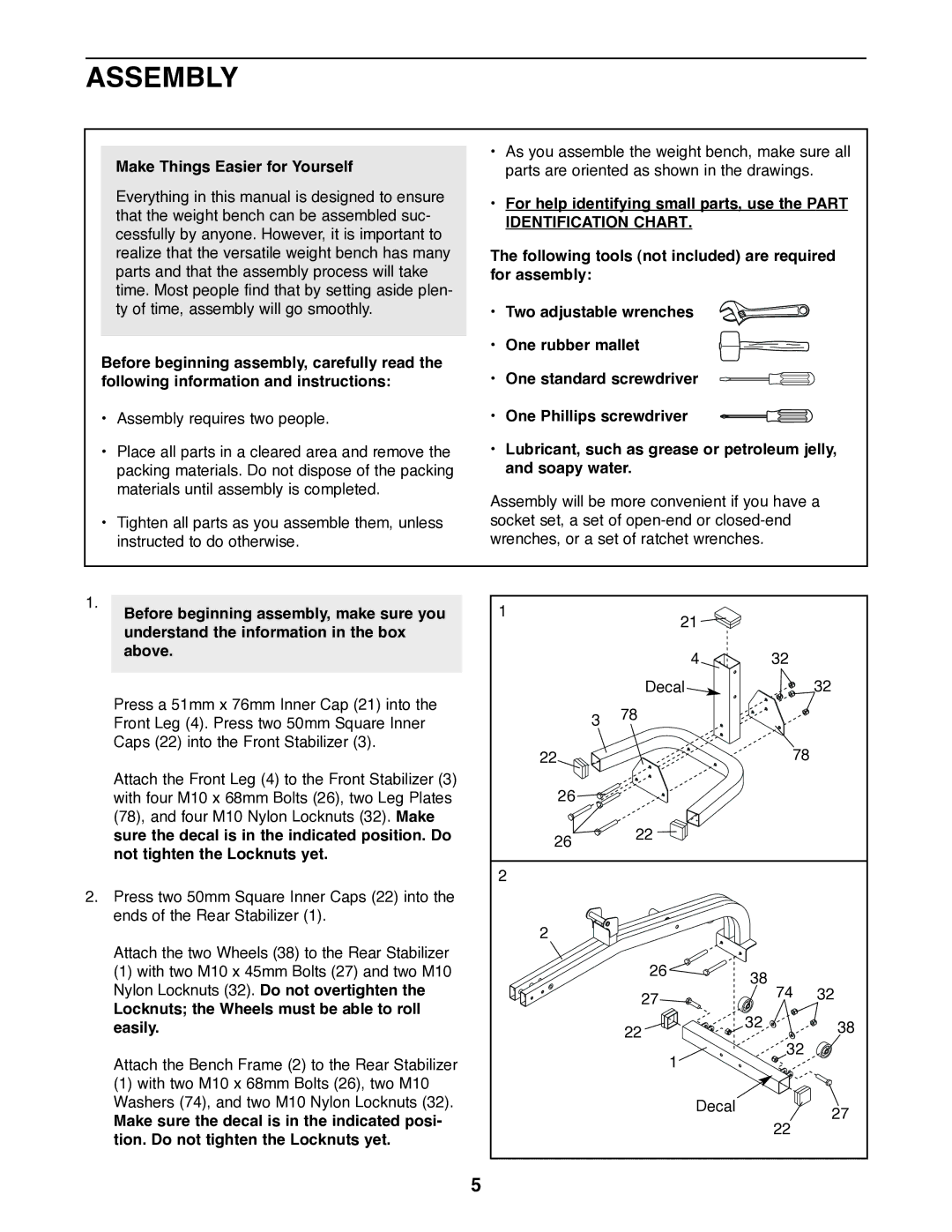 Weider WEBE27320 user manual Assembly, Make Things Easier for Yourself, Locknuts the Wheels must be able to roll easily 