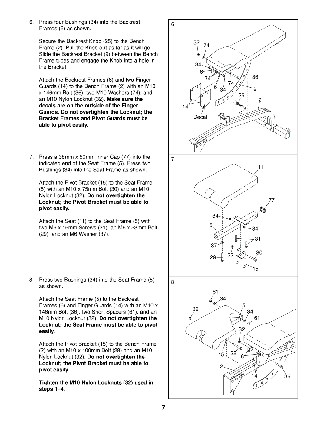 Weider WEBE27320 user manual Locknut the Pivot Bracket must be able to pivot easily 