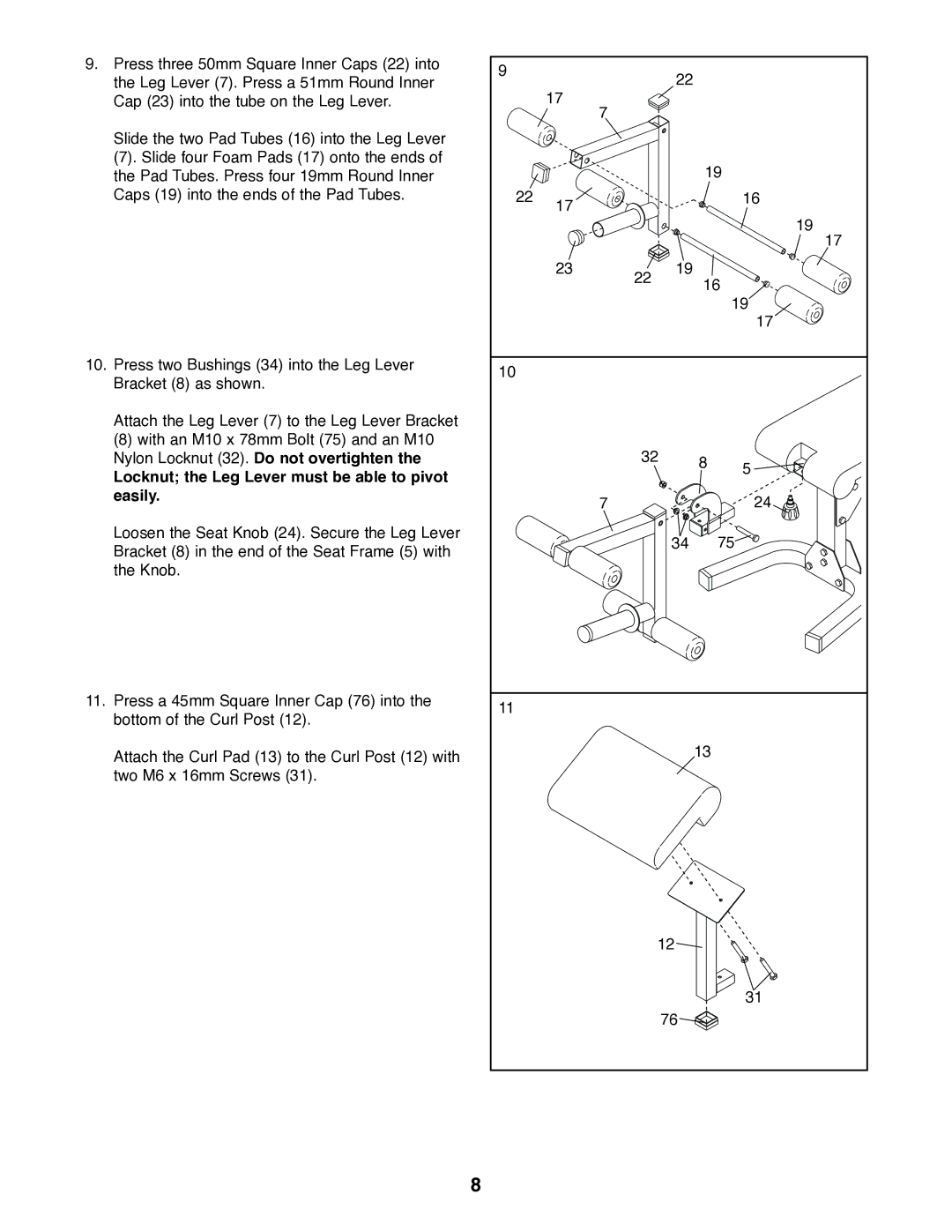 Weider WEBE27320 user manual Locknut the Leg Lever must be able to pivot easily 