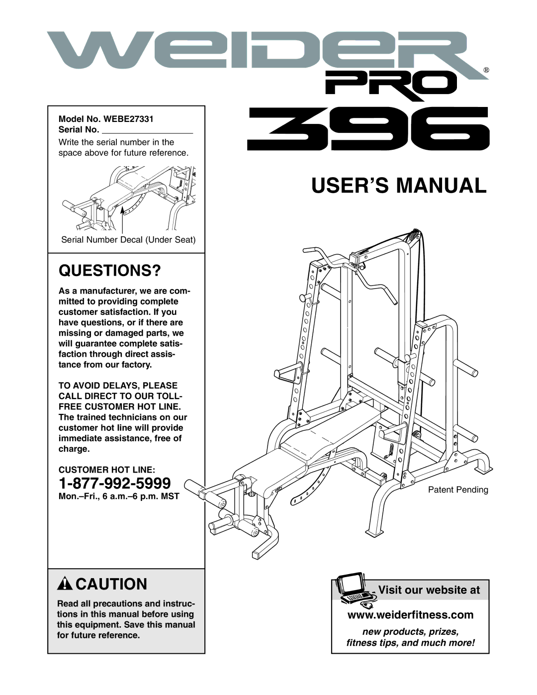 Weider user manual Questions?, Model No. WEBE27331 Serial No, Customer HOT Line 