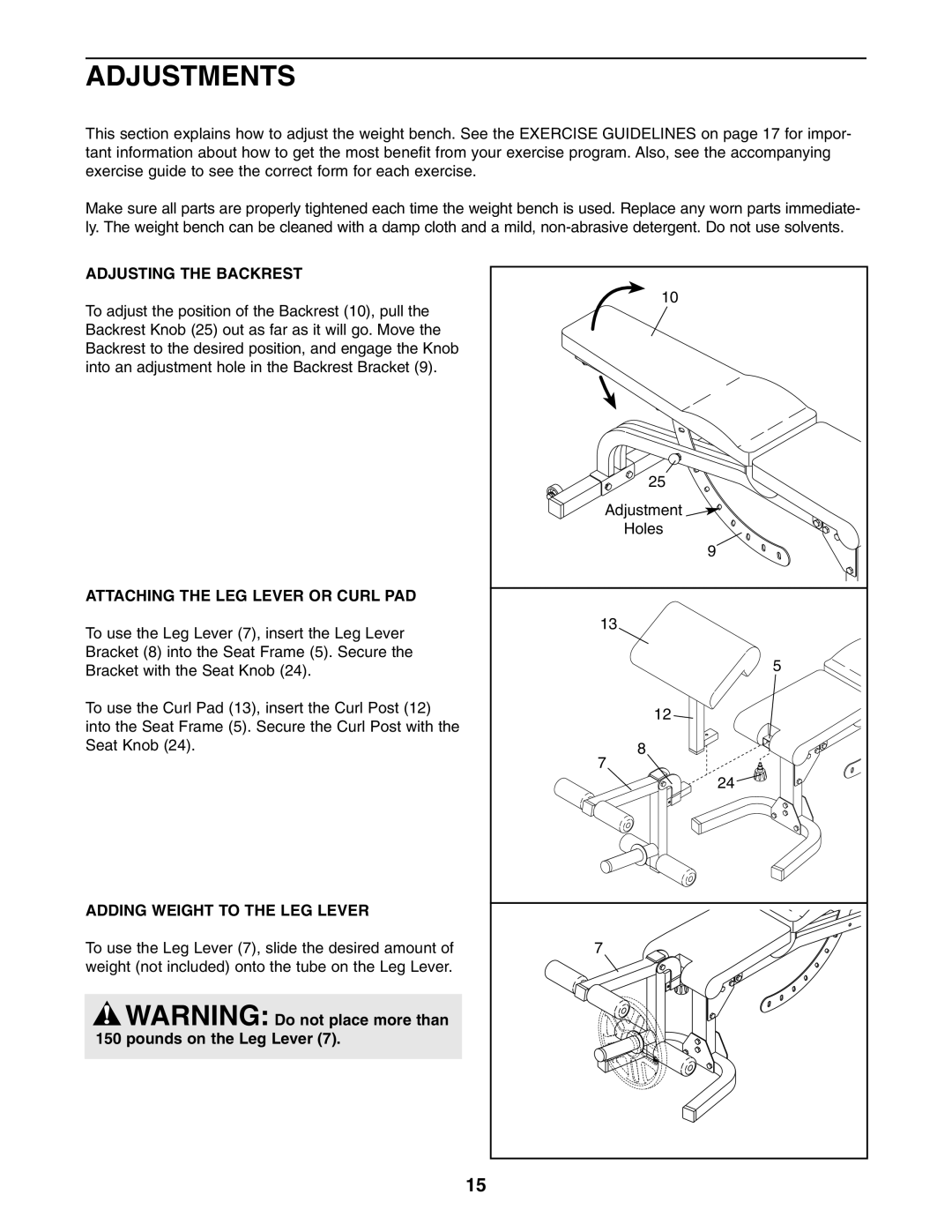 Weider WEBE27331 Adjustments, Adjusting the Backrest, Attaching the LEG Lever or Curl PAD, Adding Weight to the LEG Lever 