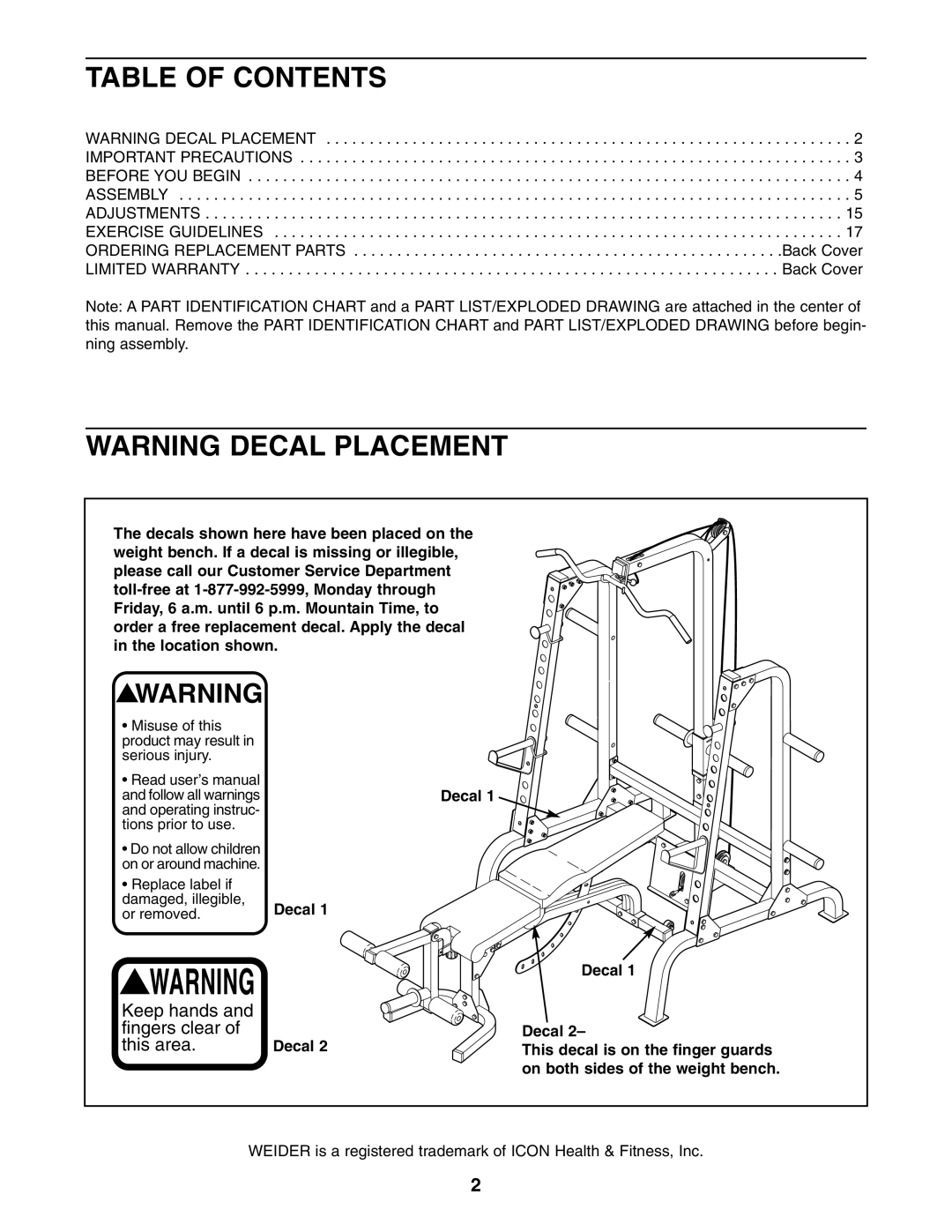 Weider WEBE27331 user manual Table of Contents 