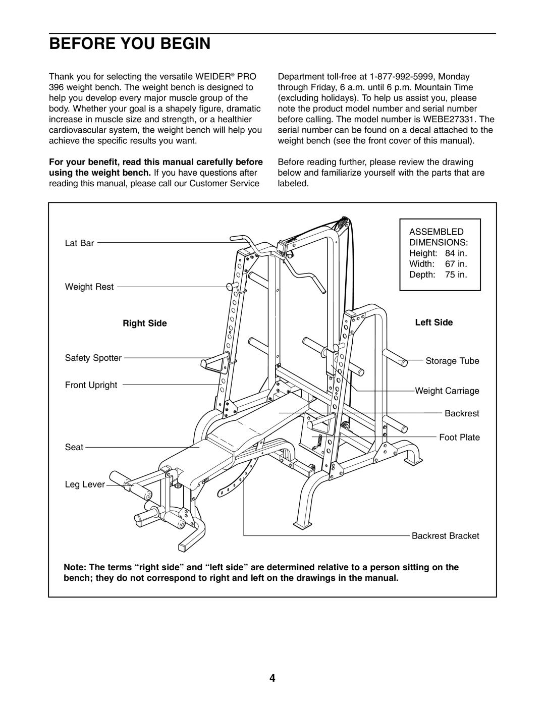 Weider WEBE27331 user manual Before YOU Begin, Right Side Left Side 