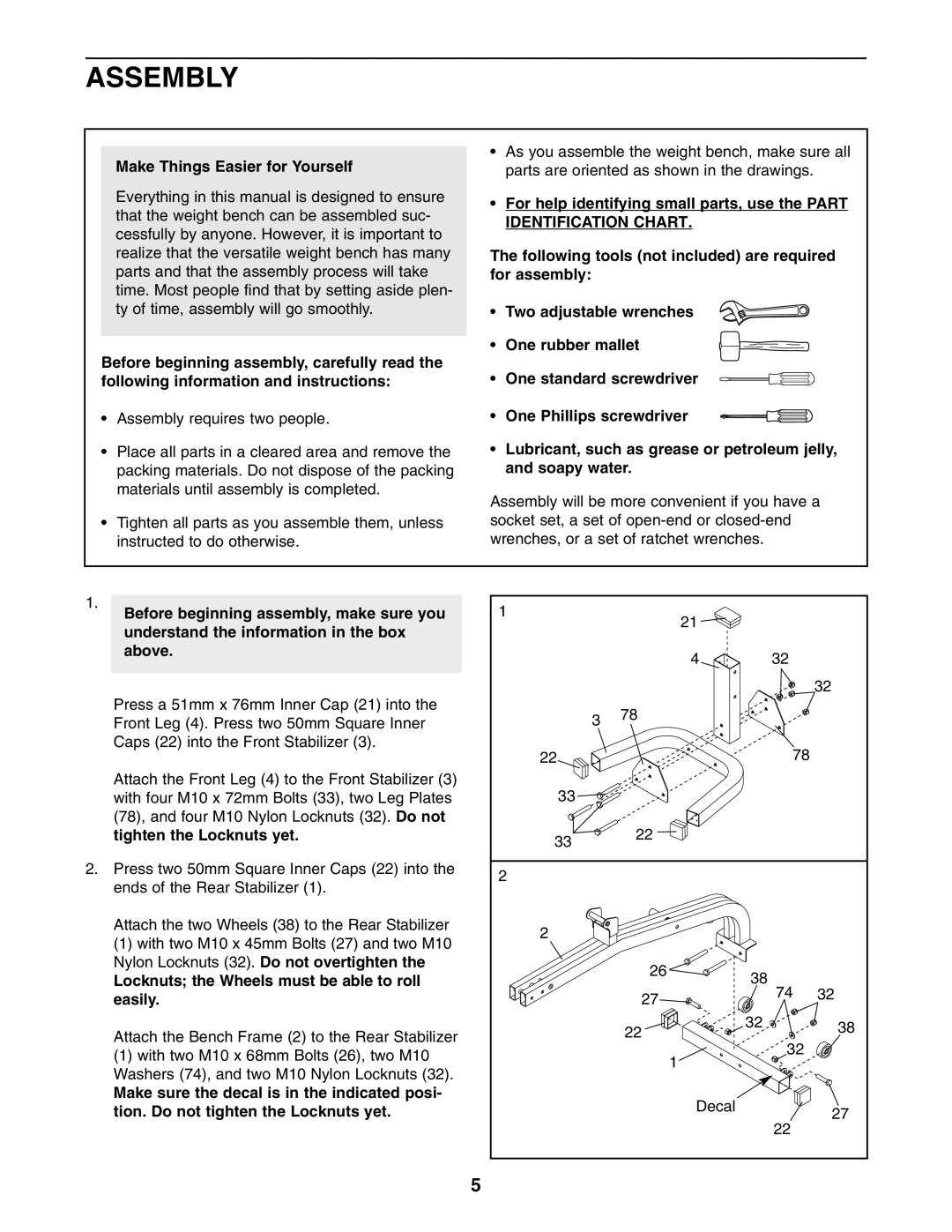 Weider WEBE27331 user manual Assembly, Make Things Easier for Yourself, Tighten the Locknuts yet 