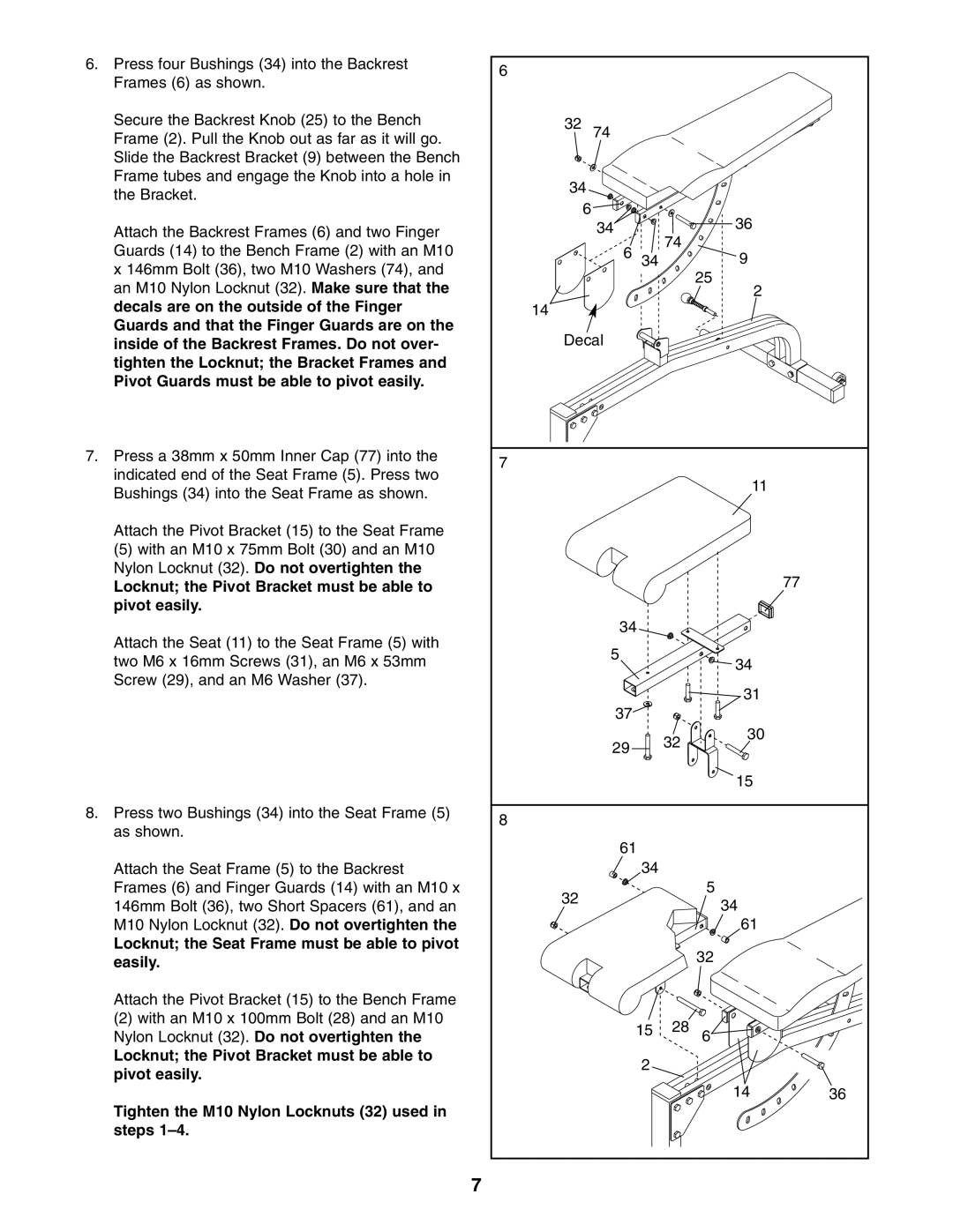 Weider WEBE27331 user manual Locknut the Pivot Bracket must be able to pivot easily 