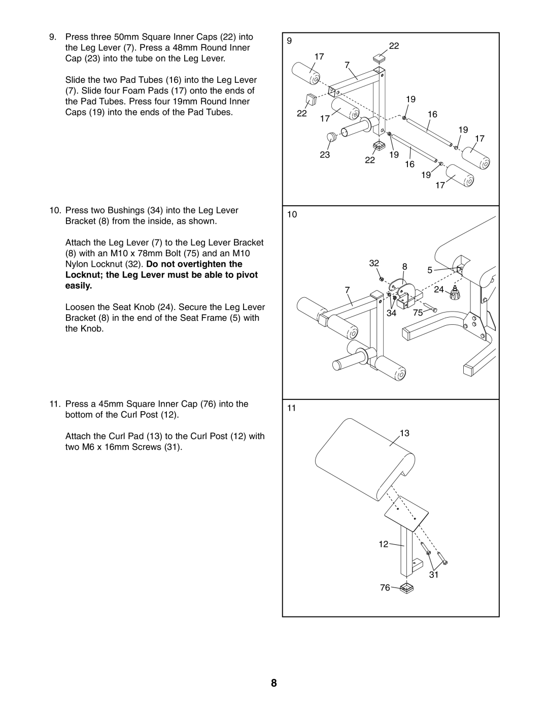 Weider WEBE27331 user manual Locknut the Leg Lever must be able to pivot easily 