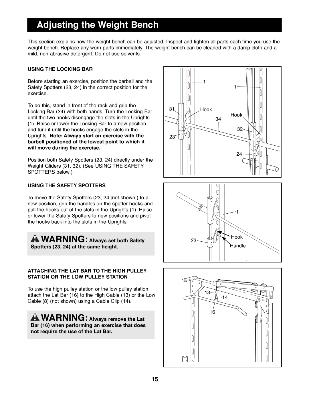 Weider WEBE29300 manual Adjusting the Weight Bench, Using the Locking BAR, Using the Safety Spotters 
