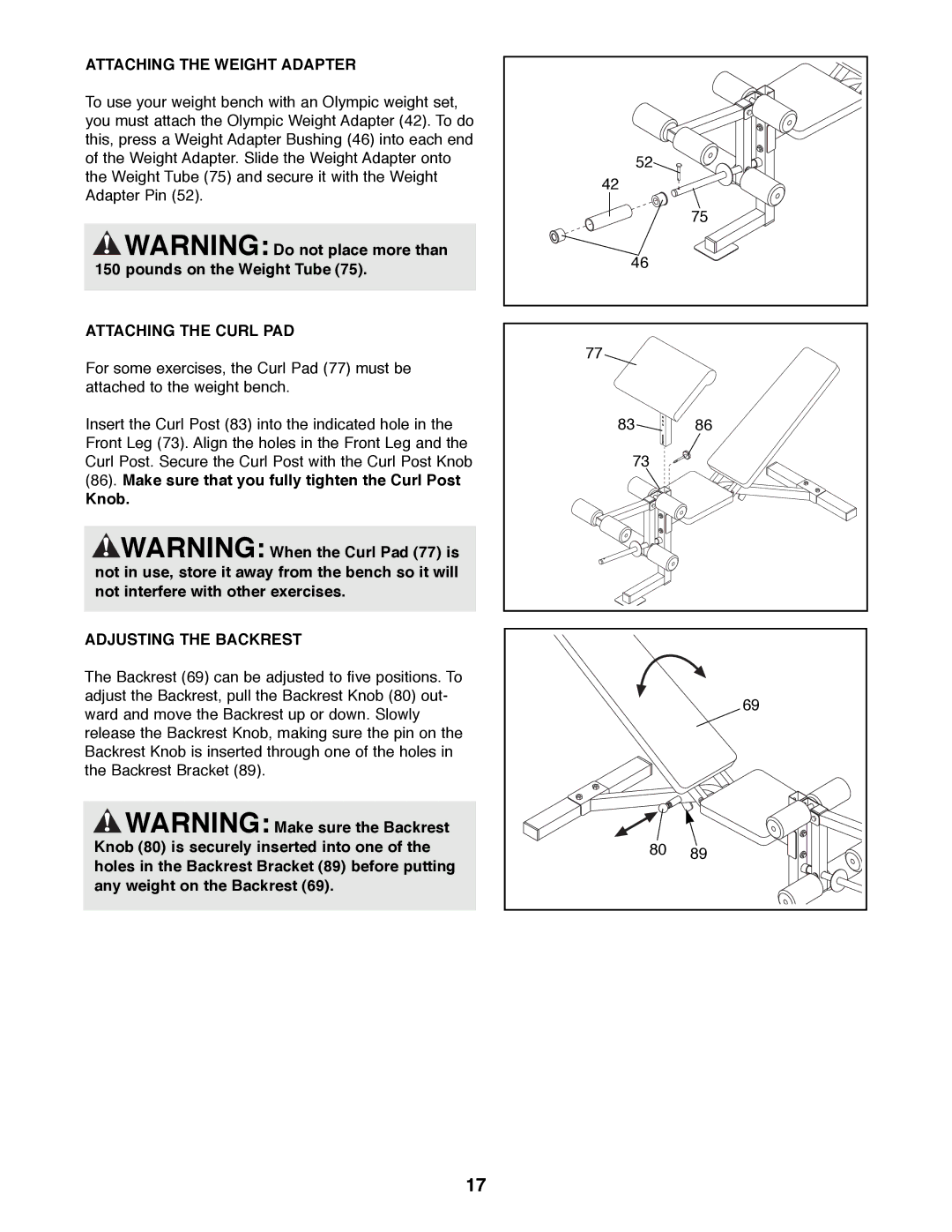 Weider WEBE29300 manual Attaching the Weight Adapter, Attaching the Curl PAD, Knob, Adjusting the Backrest 