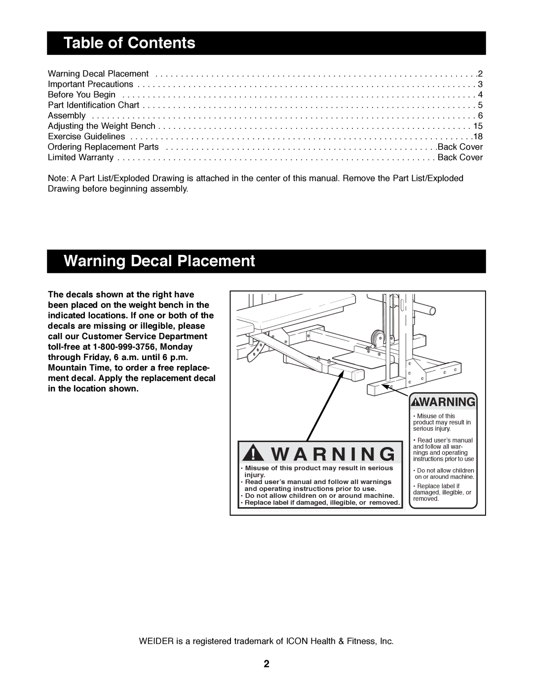 Weider WEBE29300 manual R N I N G, Table of Contents 