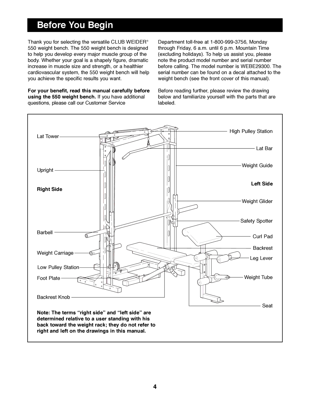 Weider WEBE29300 manual Before You Begin, Right Side, Left Side 