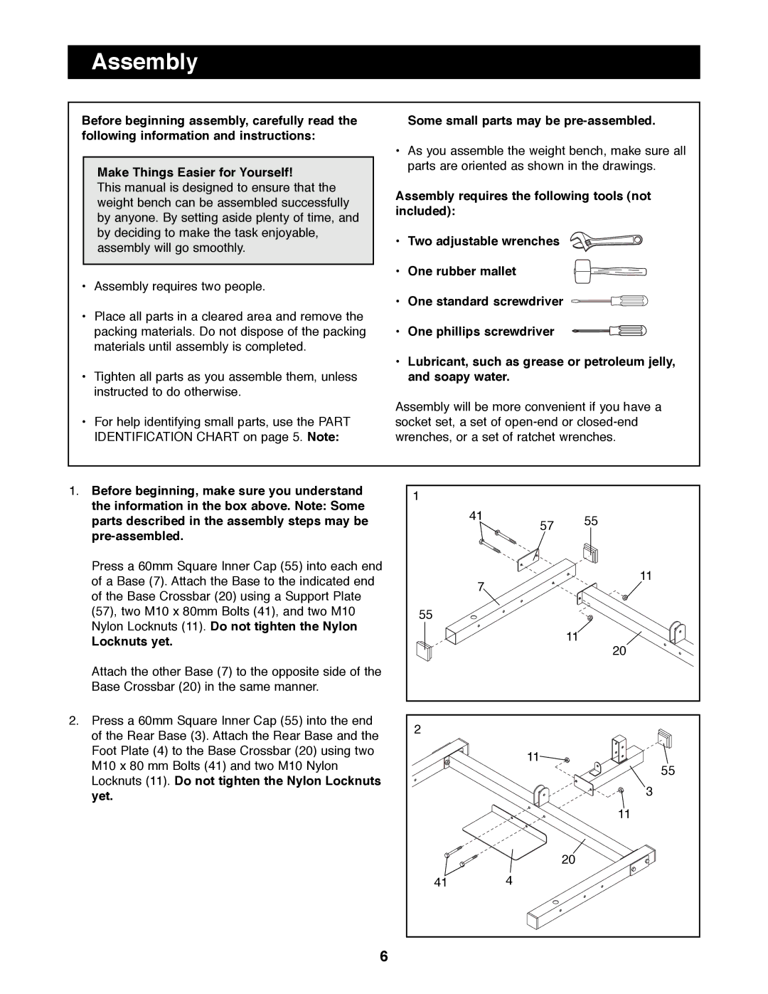 Weider WEBE29300 manual Assembly, Some small parts may be pre-assembled, Locknuts yet 