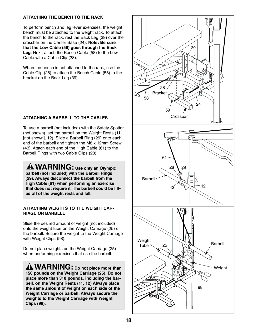 Weider WEBE29910 user manual Attaching the Bench to the Rack, Attaching a Barbell to the Cables 