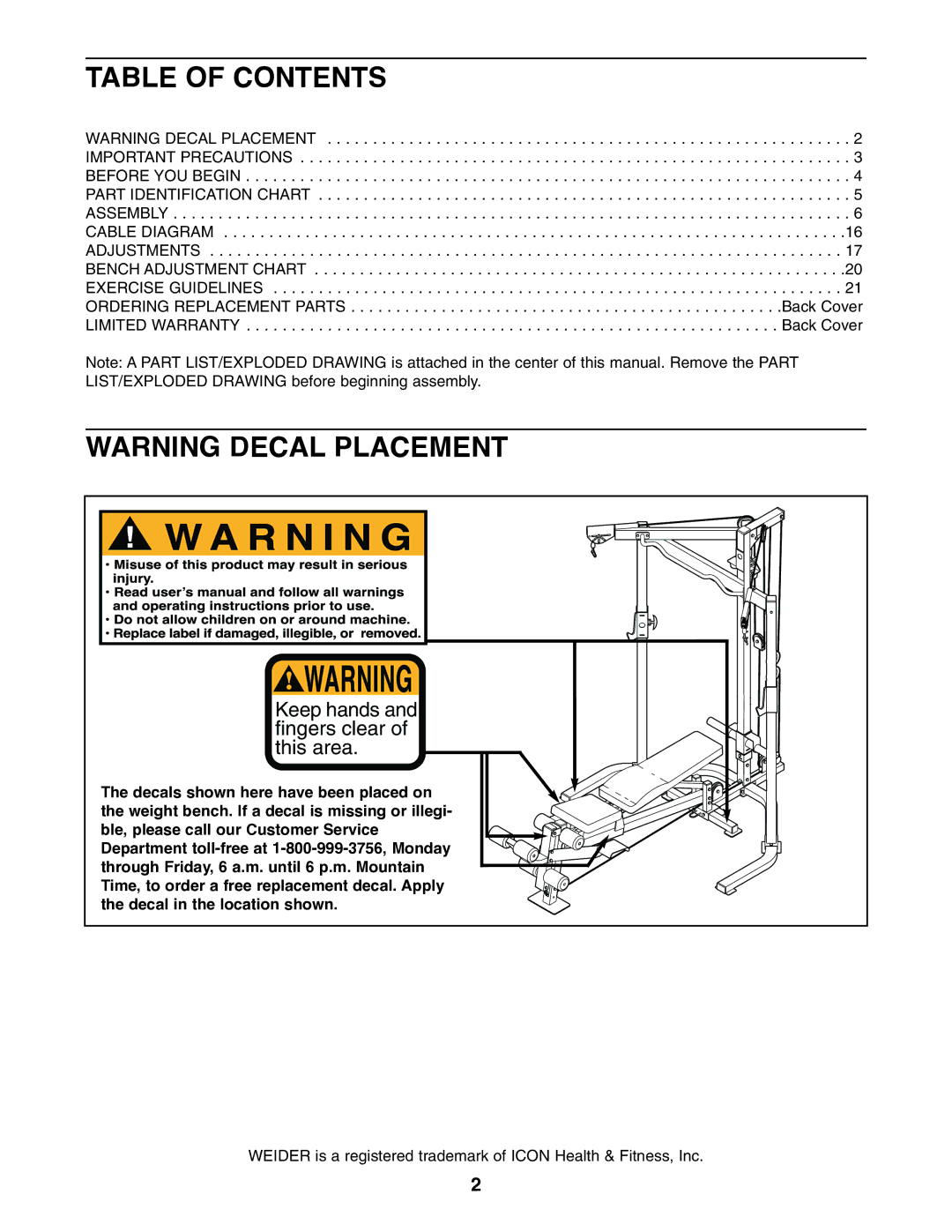 Weider WEBE29910 user manual Table of Contents 