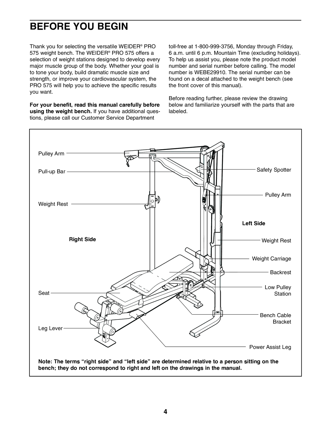 Weider WEBE29910 user manual Before YOU Begin, Right Side, Left Side 