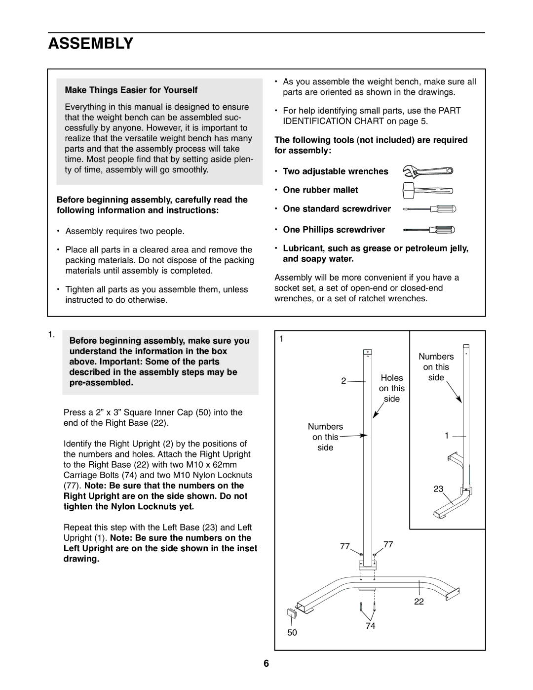 Weider WEBE29910 Assembly, Make Things Easier for Yourself, Left Upright are on the side shown in the inset drawing 