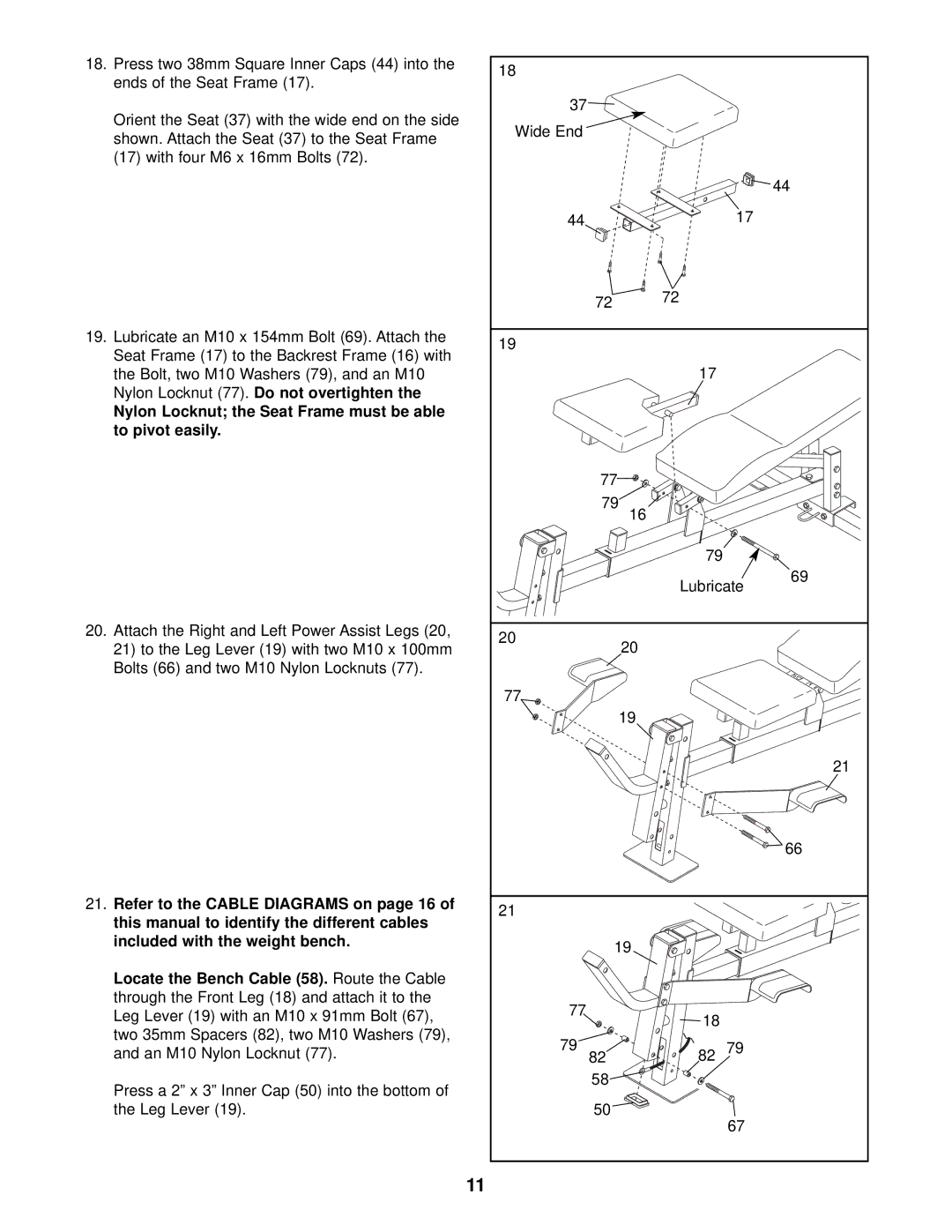 Weider WEBE29911 user manual Nylon Locknut the Seat Frame must be able to pivot easily 