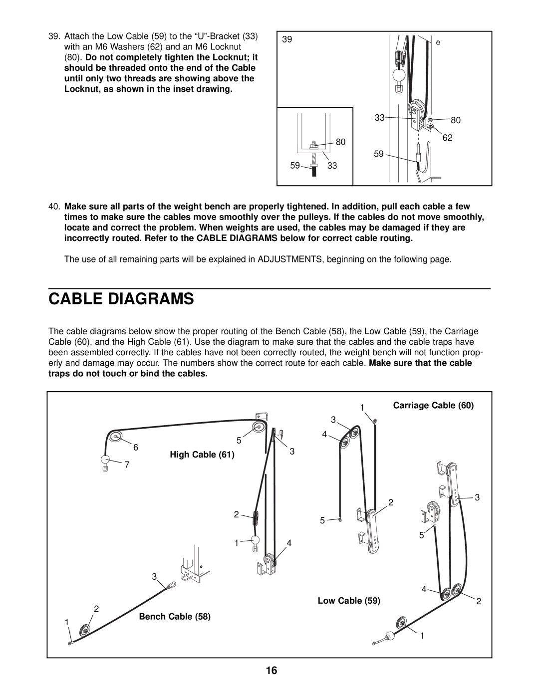 Weider WEBE29911 user manual Cable Diagrams, Carriage Cable High Cable Low Cable Bench Cable 