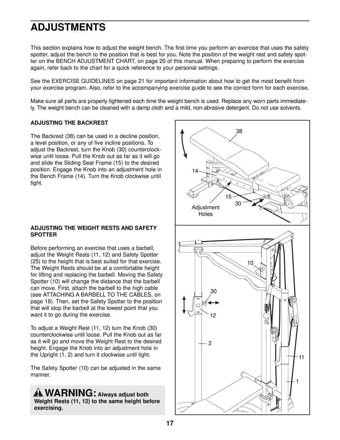 Weider WEBE29911 user manual Adjustments, Adjusting the Backrest, Adjusting the Weight Rests and Safety Spotter 