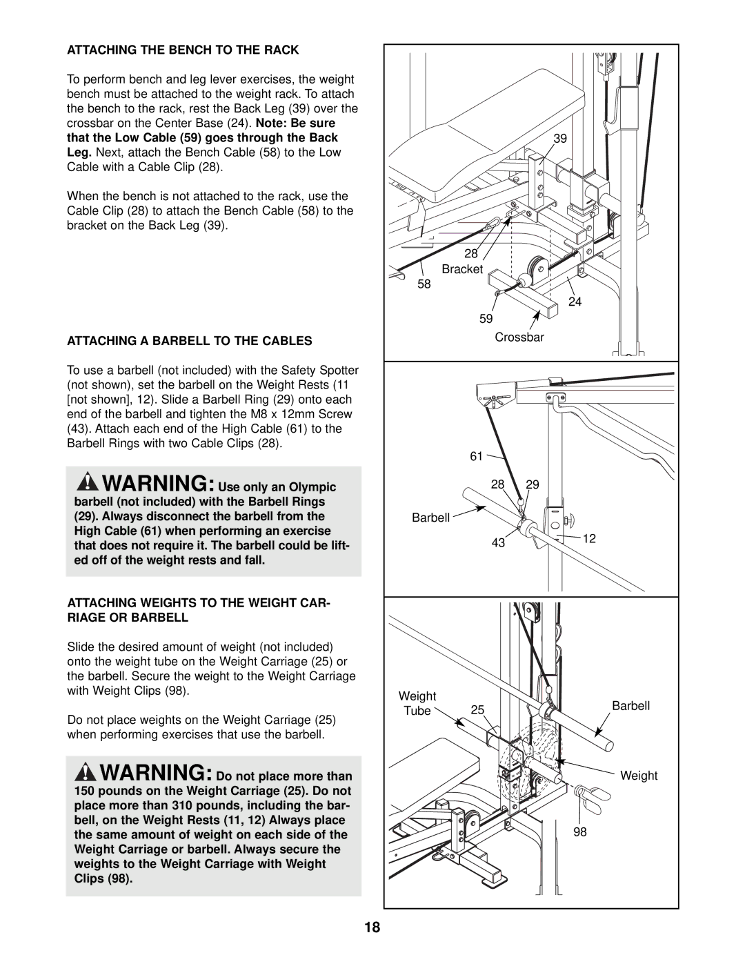 Weider WEBE29911 user manual Attaching the Bench to the Rack, Attaching a Barbell to the Cables 