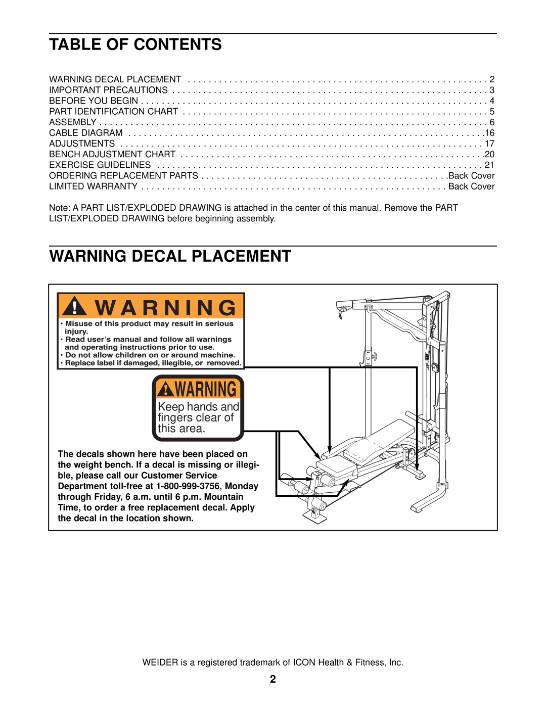 Weider WEBE29911 user manual Table of Contents 