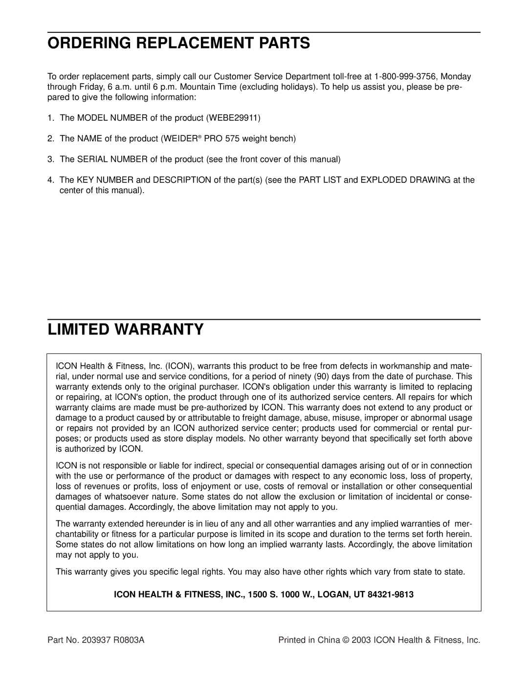 Weider WEBE29911 Ordering Replacement Parts, Limited Warranty, Icon Health & FITNESS, INC., 1500 S W., LOGAN, UT 