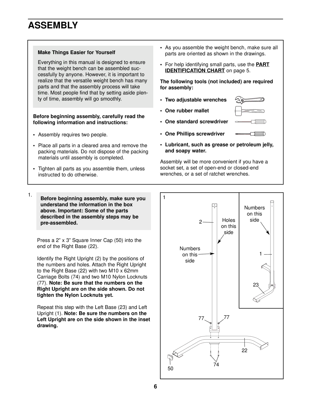 Weider WEBE29911 Assembly, Make Things Easier for Yourself, Left Upright are on the side shown in the inset drawing 