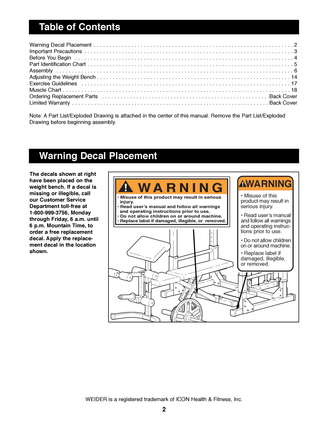 Weider WEBE34100 manual R N I N G, Table of Contents 