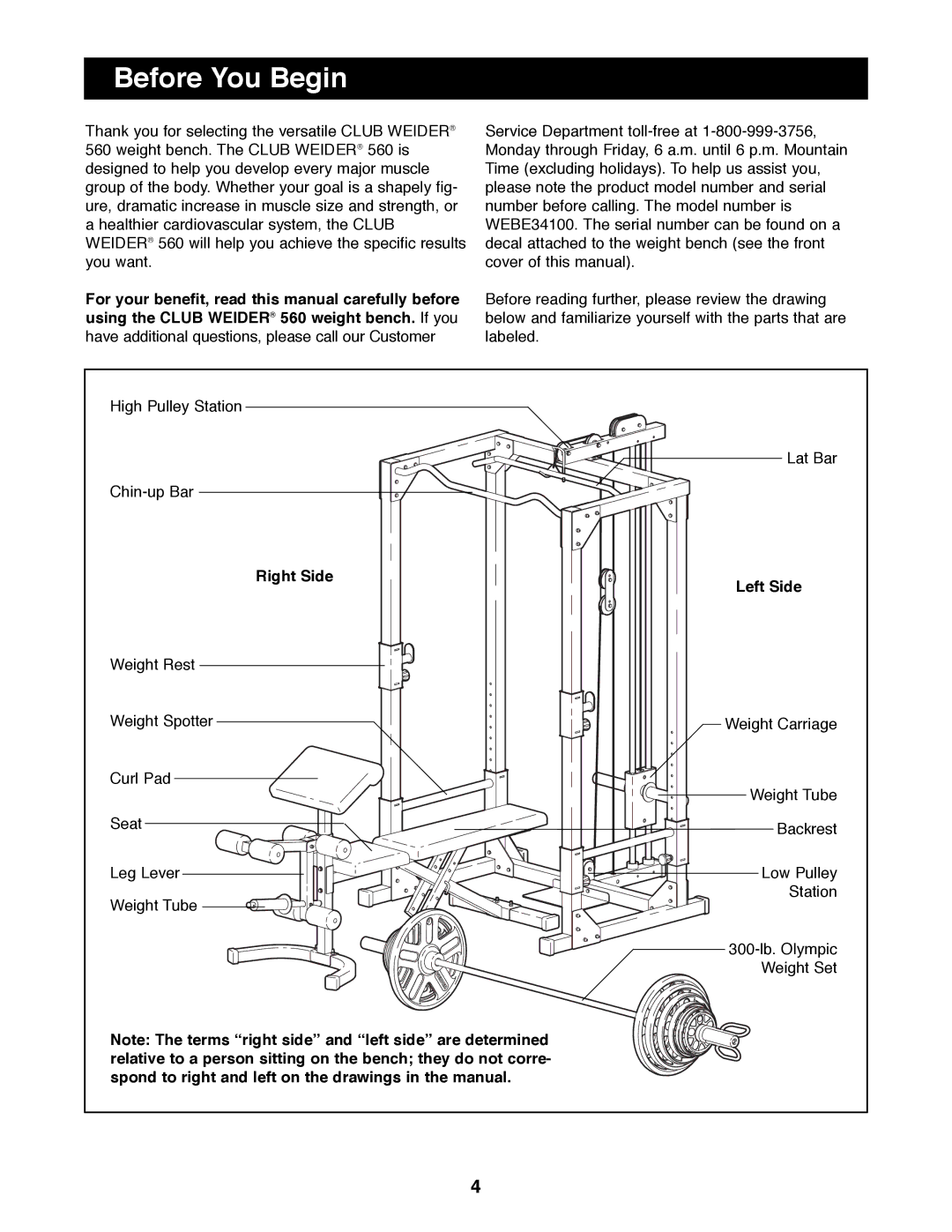 Weider WEBE34100 manual Before You Begin, Right Side, Left Side 