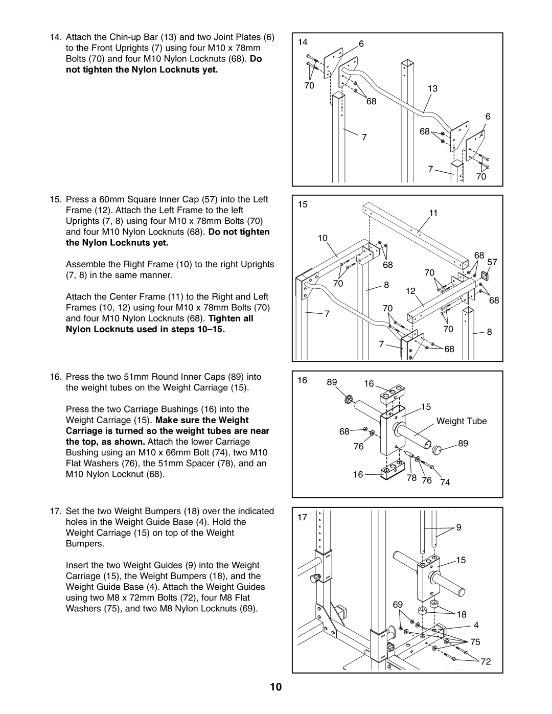 Weider WEBE34110 user manual Nylon Locknuts used in steps 