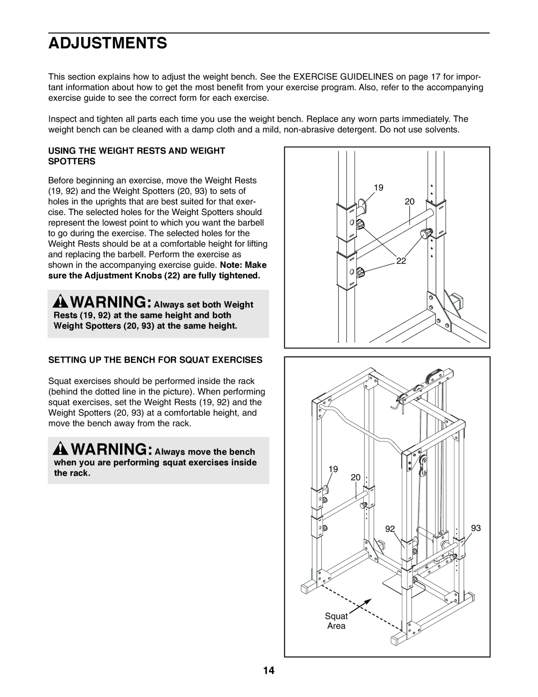 Weider WEBE34110 Adjustments, Using the Weight Rests and Weight Spotters, Setting UP the Bench for Squat Exercises 