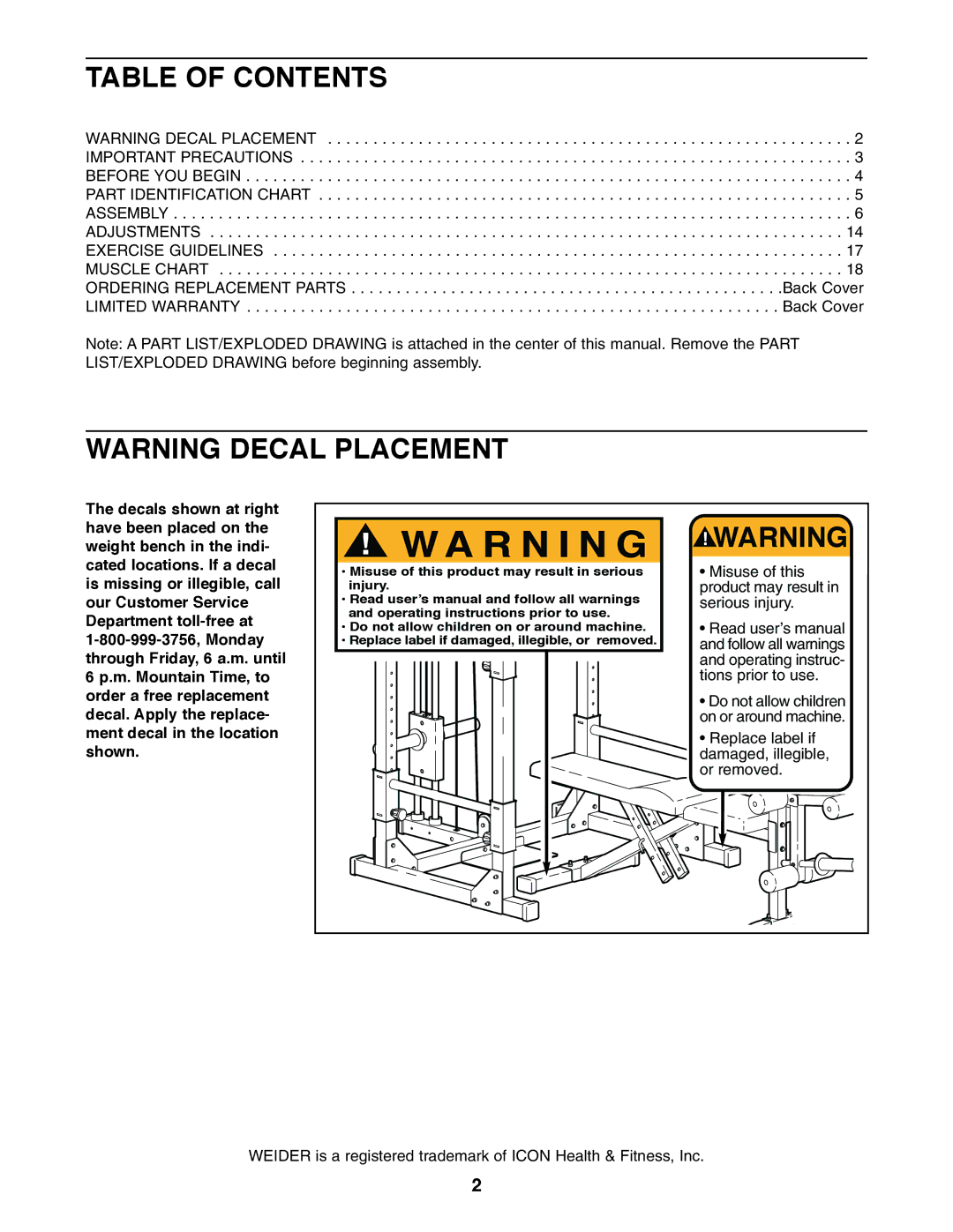 Weider WEBE34110 user manual R N I N G, Table of Contents 