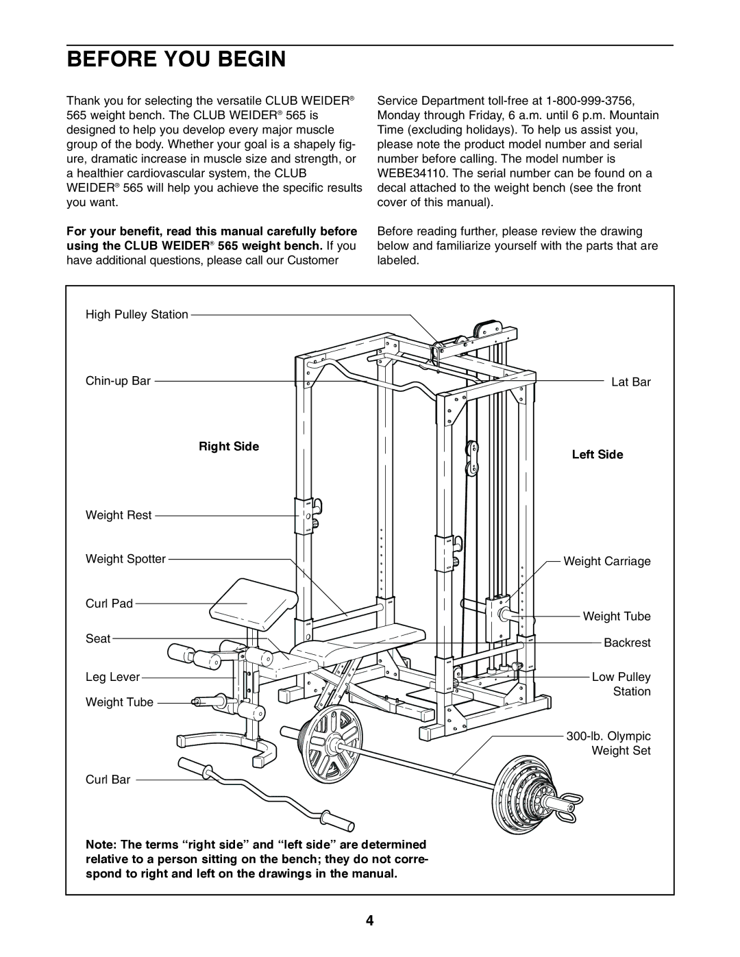 Weider WEBE34110 user manual Before YOU Begin, Right Side, Left Side 