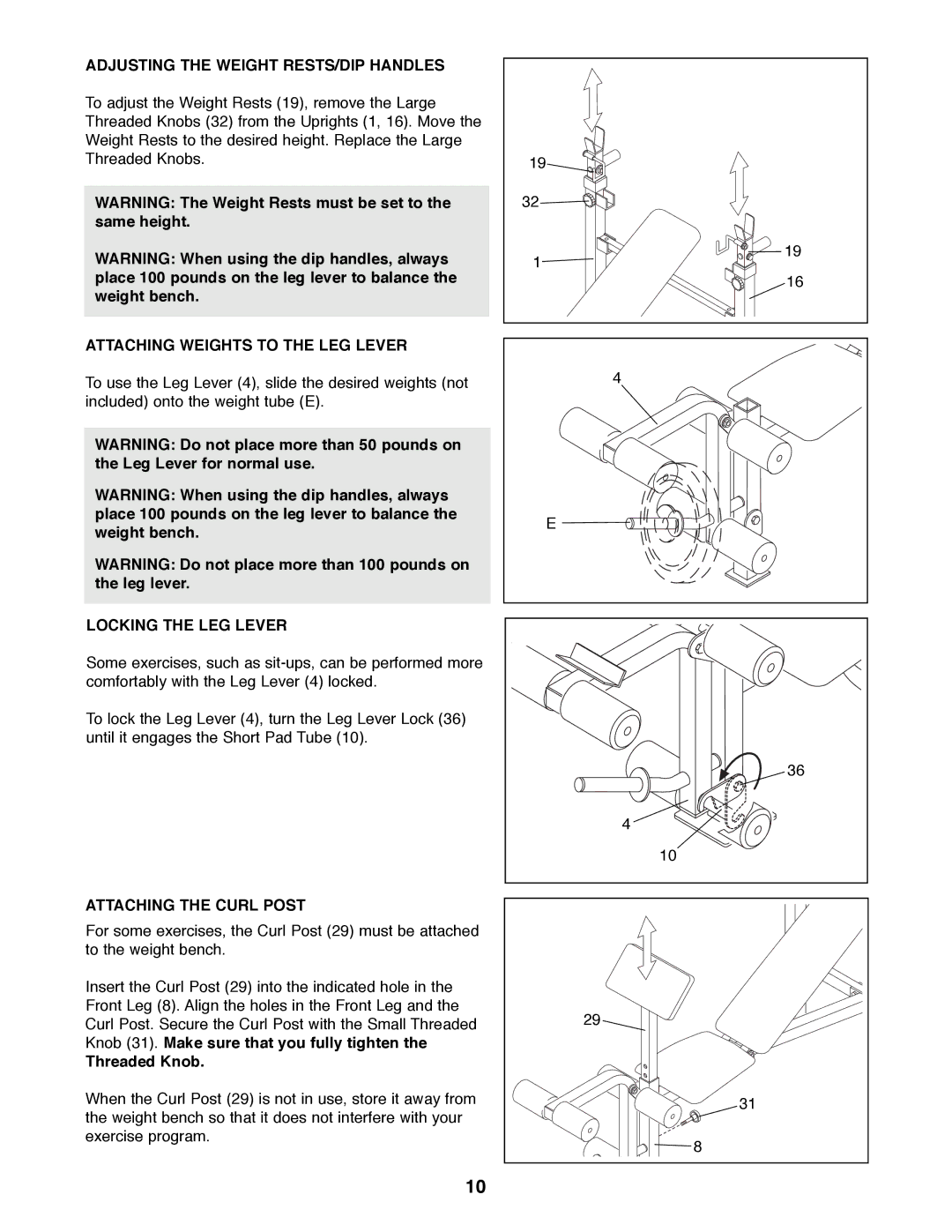 Weider WEBE36790 manual Adjusting the Weight RESTS/DIP Handles, Attaching Weights to the LEG Lever, Locking the LEG Lever 