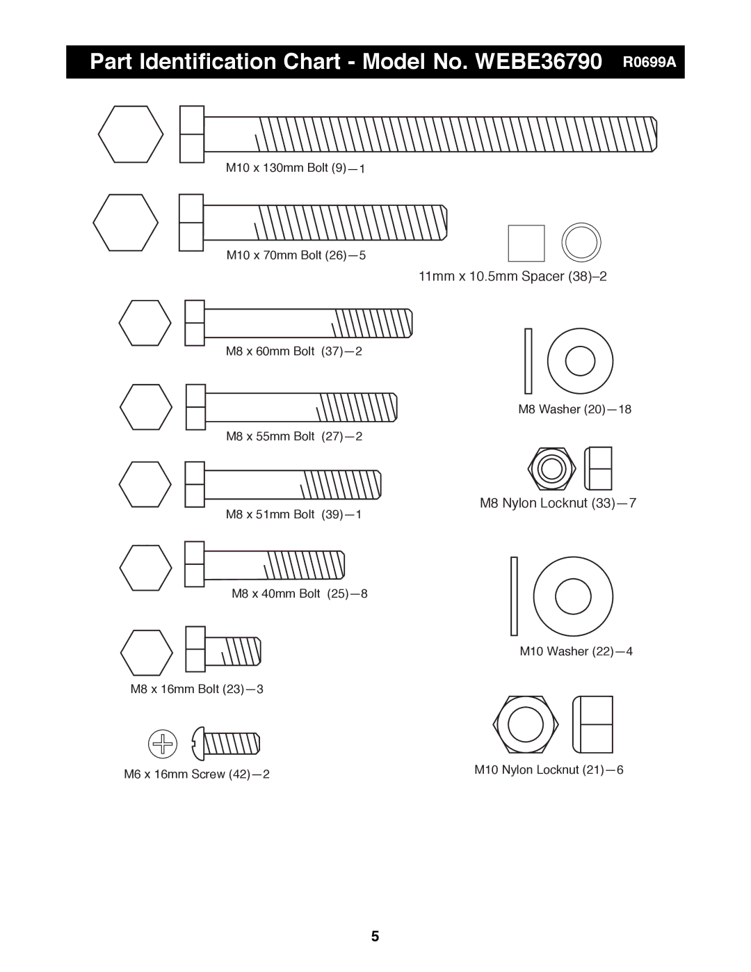 Weider manual Part Identification Chart Model No. WEBE36790 R0699A, M8 Nylon Locknut 33Ñ7 