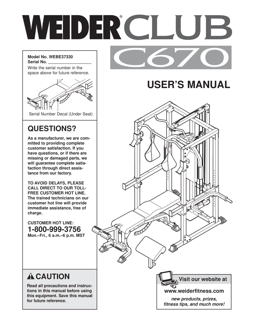 Weider user manual Questions?, Model No. WEBE37330 Serial No, Customer HOT Line 