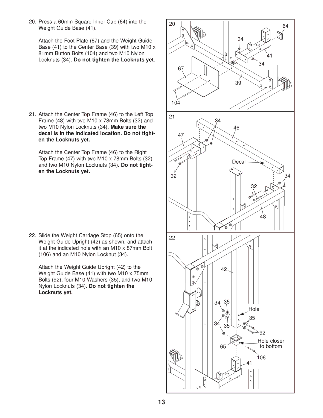 Weider WEBE37330 user manual Locknuts yet 